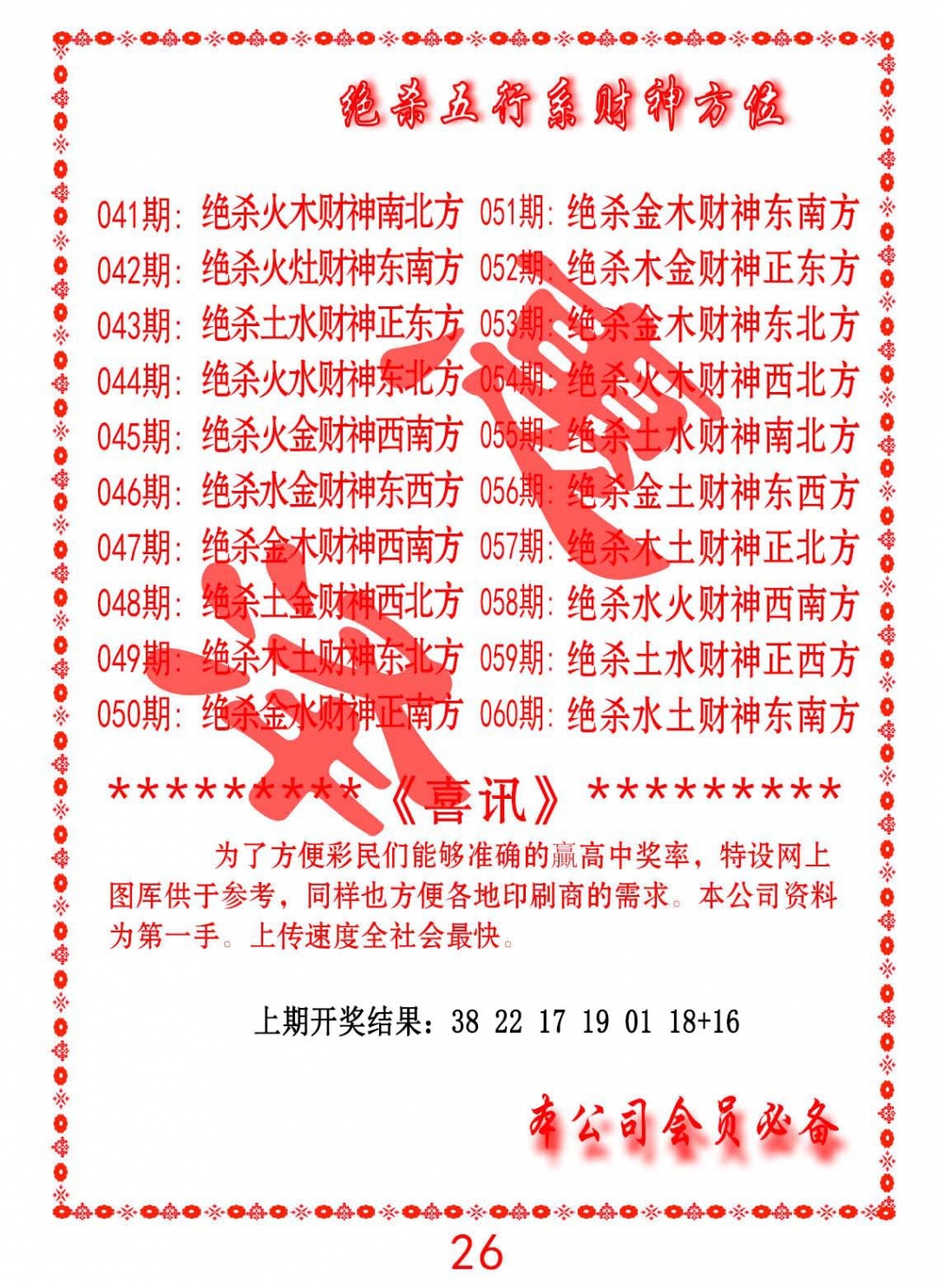 043期绝杀五行及财神方位[图]